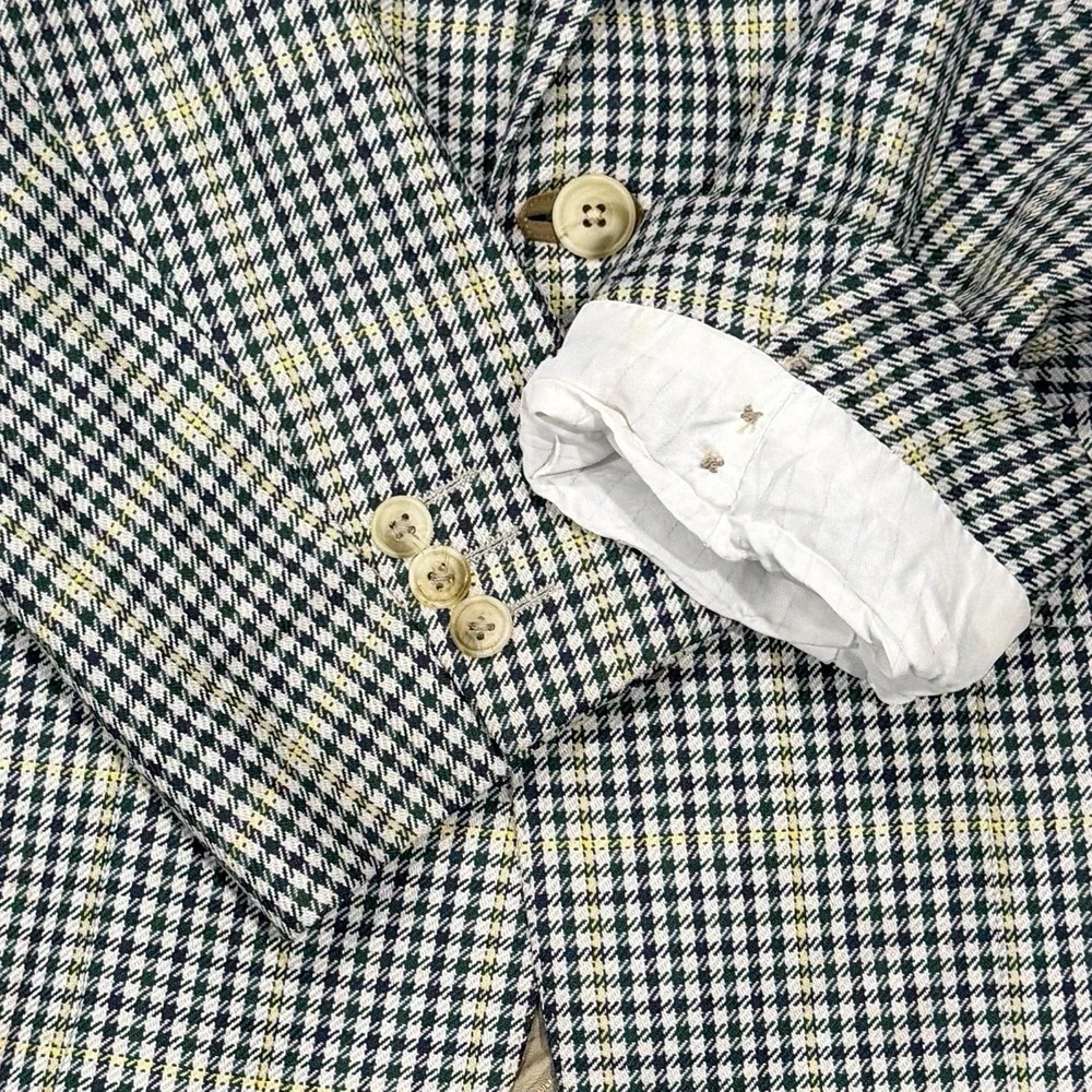 Daks London Blazer Men 42R Green Blue Cream Check Wool‎ Silk 3 Roll 2 Windowpane
